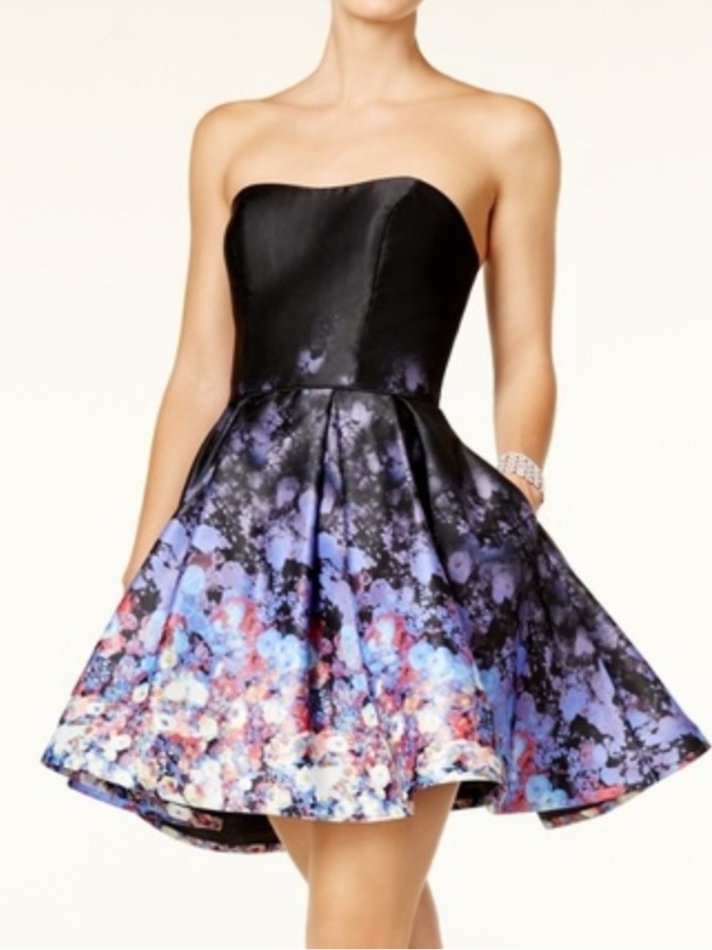 Betsey Adam Ebonized Black Satin Floral Strapless Fit & Flare Party Dress